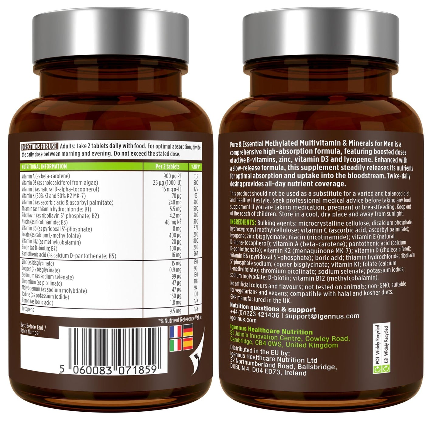 Igennus Healthcare Nutrition Igennus Methylated Men's Multivitamin, 21 Actives, Clean Label, All Day Nutrient Delivery, Expertly Formulated For Male Wellness, Energy & Heart Health, 180 Easy-to-Swallow Vegan Tablets,Non-GMO,Halal