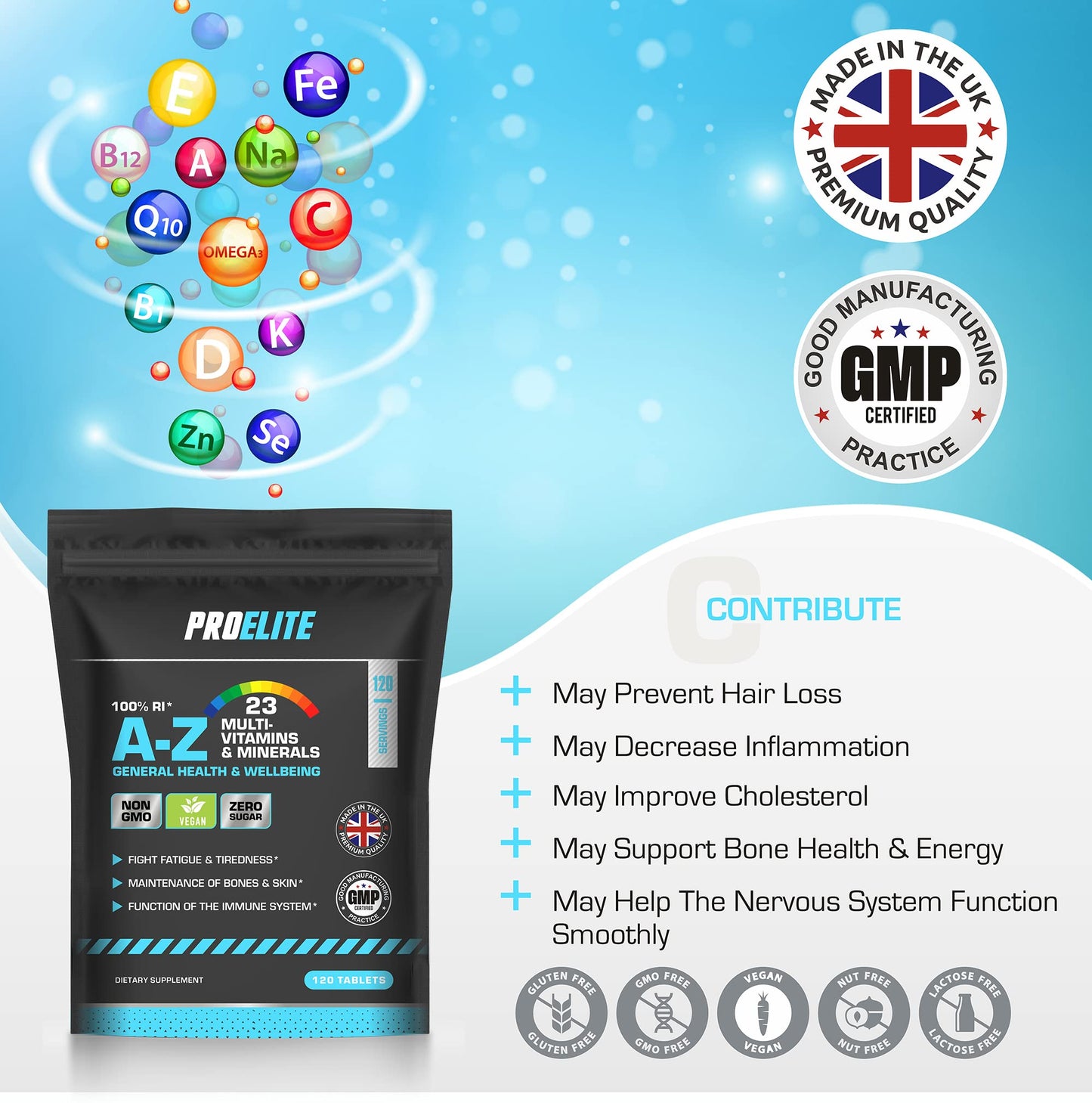 Multivitamins & Minerals - 120 Vegan Tablets - One a Day 100% RDA - 23 Essential Vitamins & Minerals in A-Z Multivitamin Tablet - Made in The UK by PROELITE