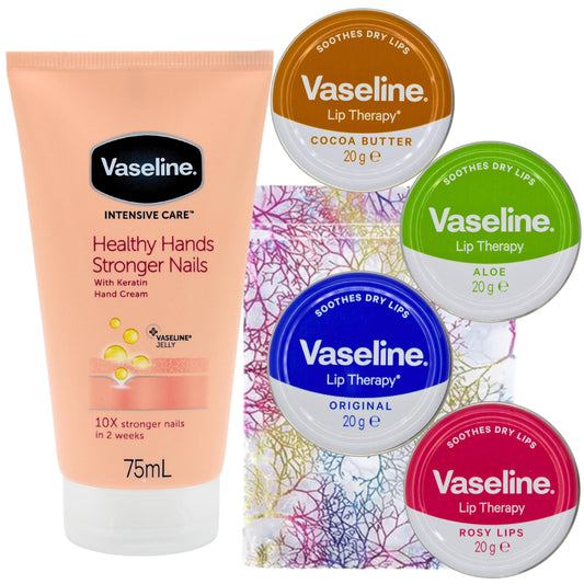 Lip Balm Bundle with Lip Therapy 4 x 20g (Original, Rosy Lips, Cocoa Butter, Aloe) Lip Balm Set and 1 x Hand Cream 75g with Glameno Drawstring Organza Bag