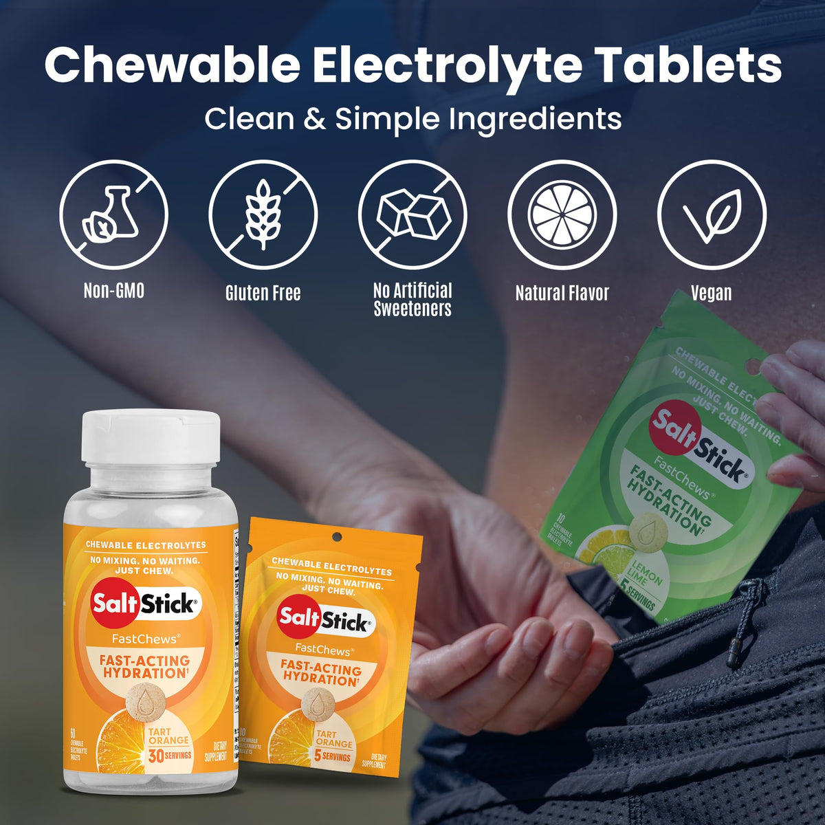 SaltStick Fastchews, Electrolyte Replacement Tablets for Rehydration, Exercise Recovery, Youth & Adult Athletes, Hiking & Sports Recovery, 2 x Packets of 10 Tablets (Tart Orange)