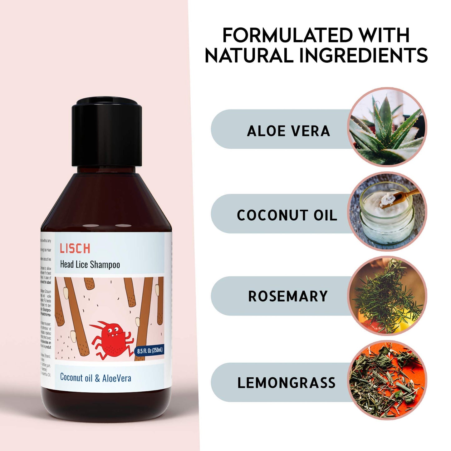 LISCH 100% Natural Head Lice Treatments That Kills Eggs and Lice - Organic Nit Treatment for Kids - Daily Nit Shampoo Extra Strength - Headlice Treatment for Adults and Kids, 250ml of nit Solution