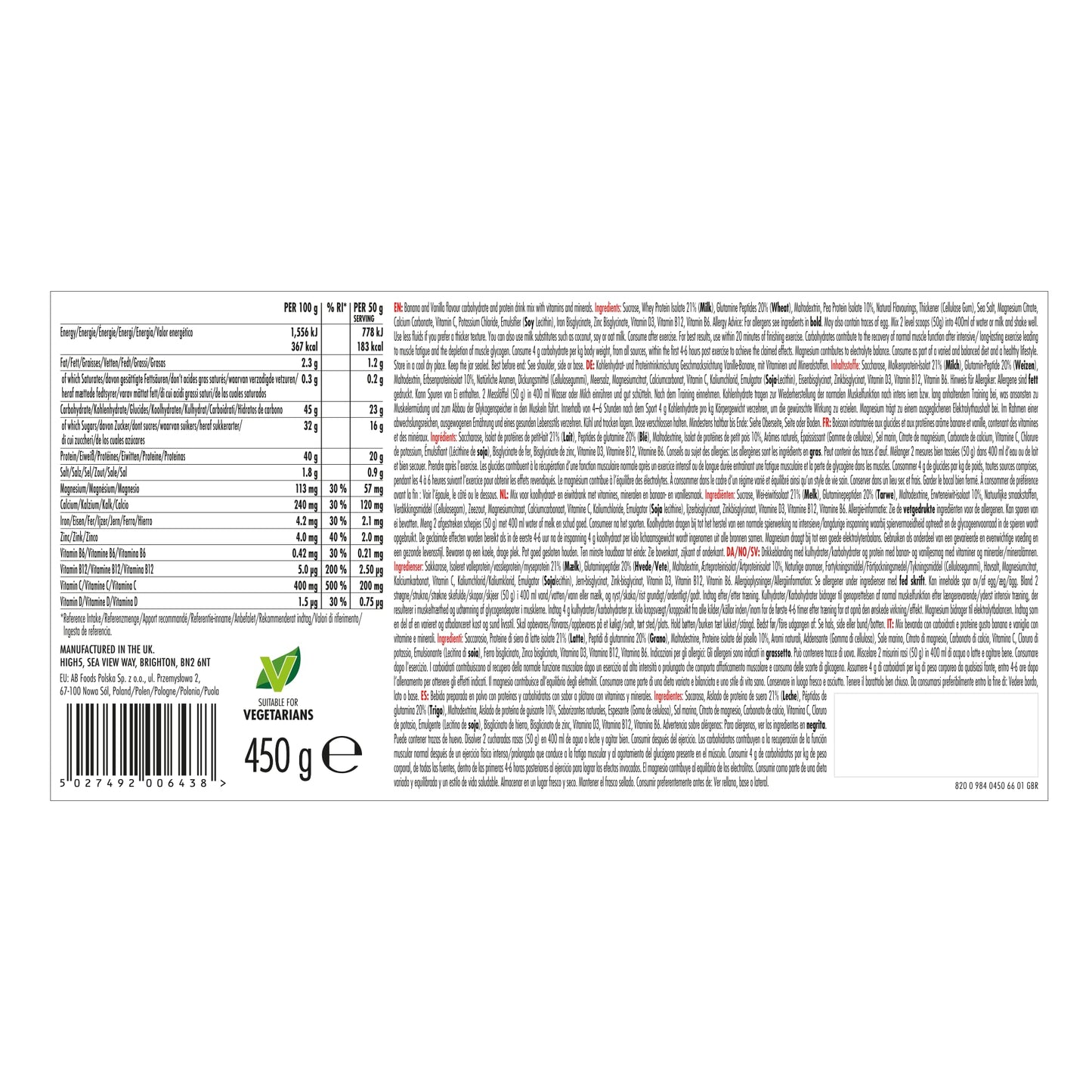 HIGH5 Recovery Drink | Whey Protein Isolate | Promotes Recovery | (Banana & Vanilla, 450g)