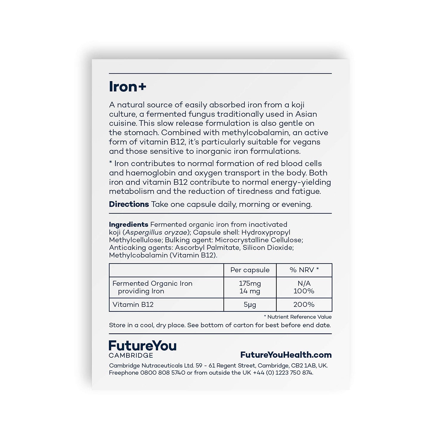 Iron+ Supplements – Energy Tablets with Koji Fermented Iron and Vitamin B12 – 28 Day Supply – Blood Supplement for Normal Formation of Red Blood Cells – Vitamins for Tiredness by FutureYou Cambridge