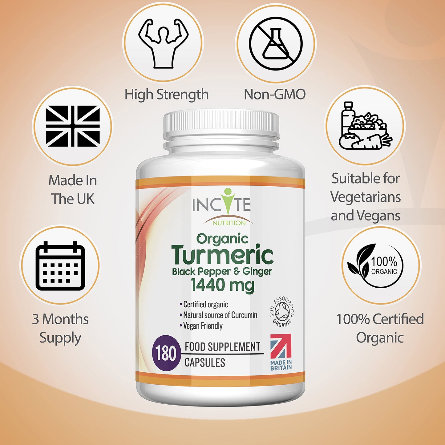 Organic Turmeric Curcumin 1440mg - 180 Premium Vegan Capsules - High Strength Quality Organic Turmeric Curcumin with Organic Black Pepper & Ginger
