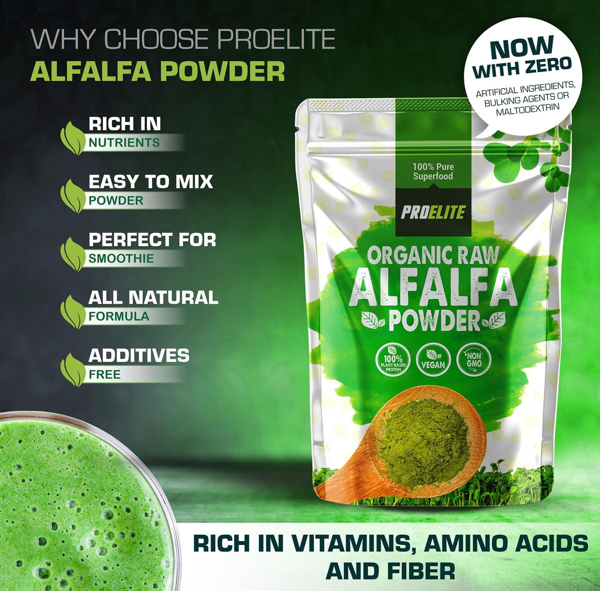 Organic Alfalfa Powder 250g Support Energy and Stress, Vegan Keto Green Superfood Supergreen Raw Natural Alfalfa Powder Juice Shots PROELITE