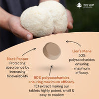 NEW LEAF PRODUCTS Lions Mane Mushroom 2000mg - 365 High Strength Vegan Tablets - Lion's Mane Supplement with Black Pepper - Lion's Mane Mushrooms Extract (Not Powder or Capsules) Made in The UK by New Leaf Products
