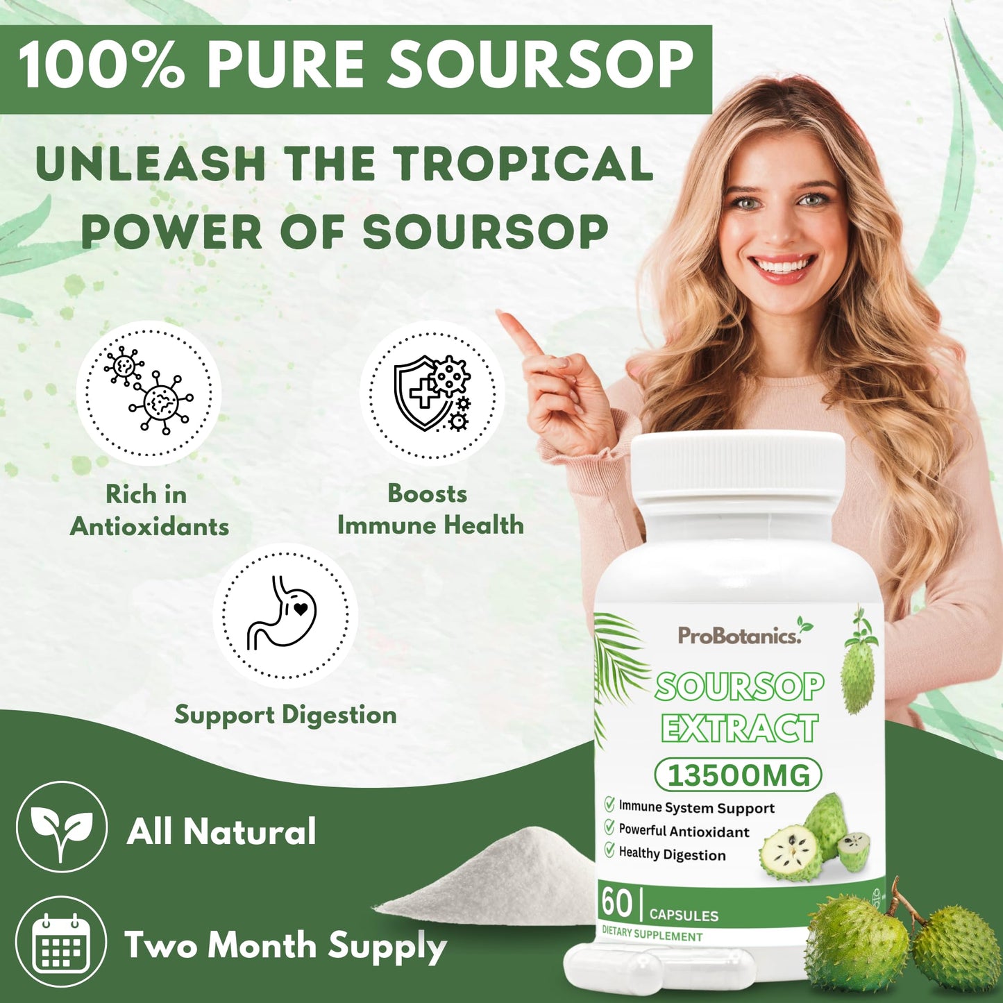 ProBotanics Organic Soursop Capsules | Full Spectrum 13500mg 30:1 Extract Per Serving | Potent Antioxidant & Immune Support - 60 Capsules