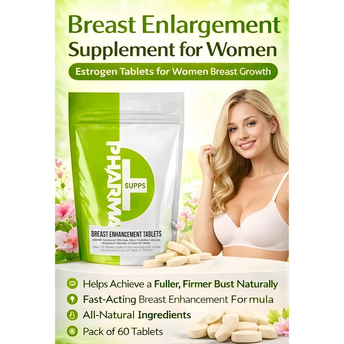 MoovWell Breast Enlargement Supplement for Women | Estrogen Tablets for Women Breast Growth | Natural Breast Enlargement Pills | Effective Breast Enhancer Pills for Fuller, Firmer Bust | Pack of 60 Tablets