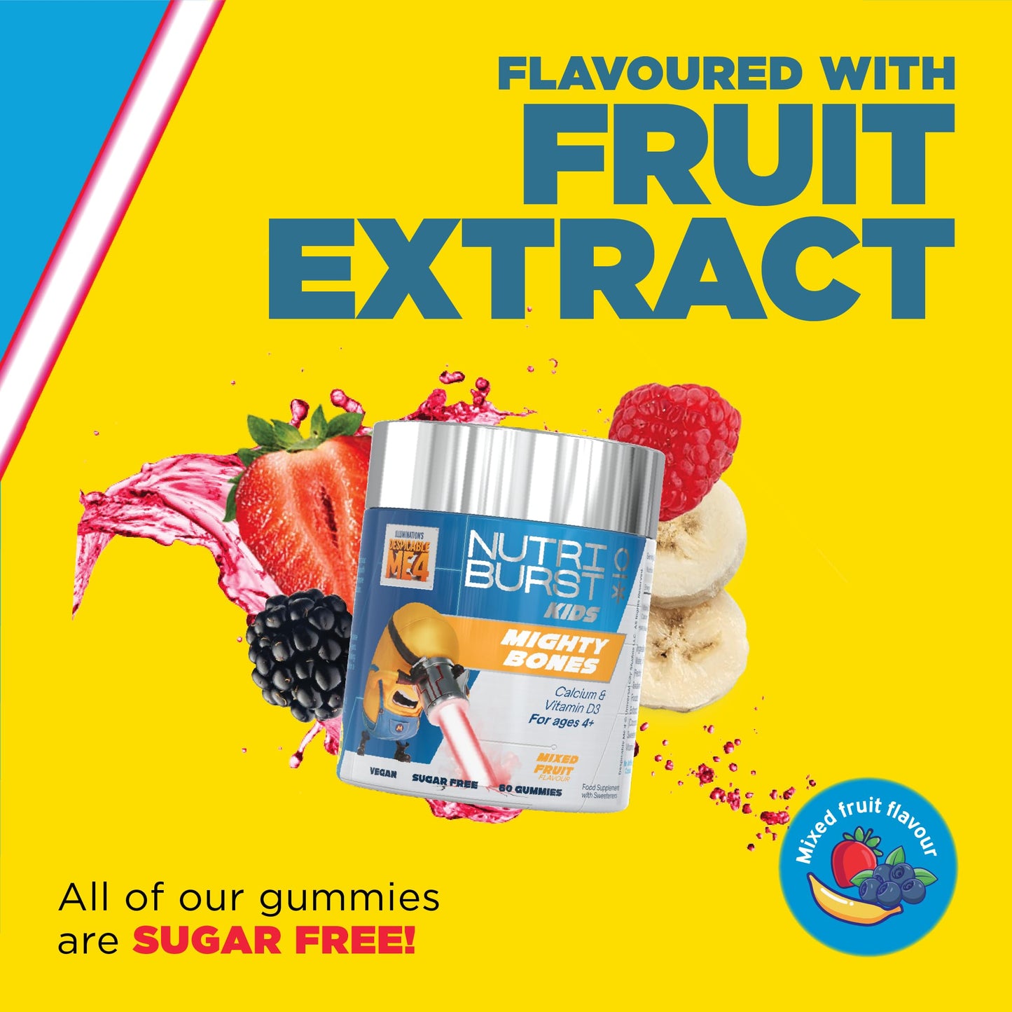 Nutriburst Minions Mighty Bones Vitamins for Kids - Chewable Vitamin D3 + Calcium Gummies for Healthy Bone Development - Vegan + Sugar Free - Fruity Flavour - 60 Gummies