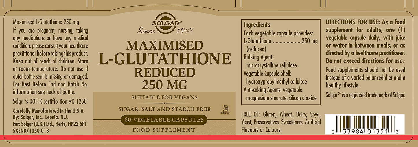 Solgar Maximised L-Glutathione Reduced 250 mg Vegetable Capsules - Pack of 60 - High Potency Source - Amino Acid - Vegan