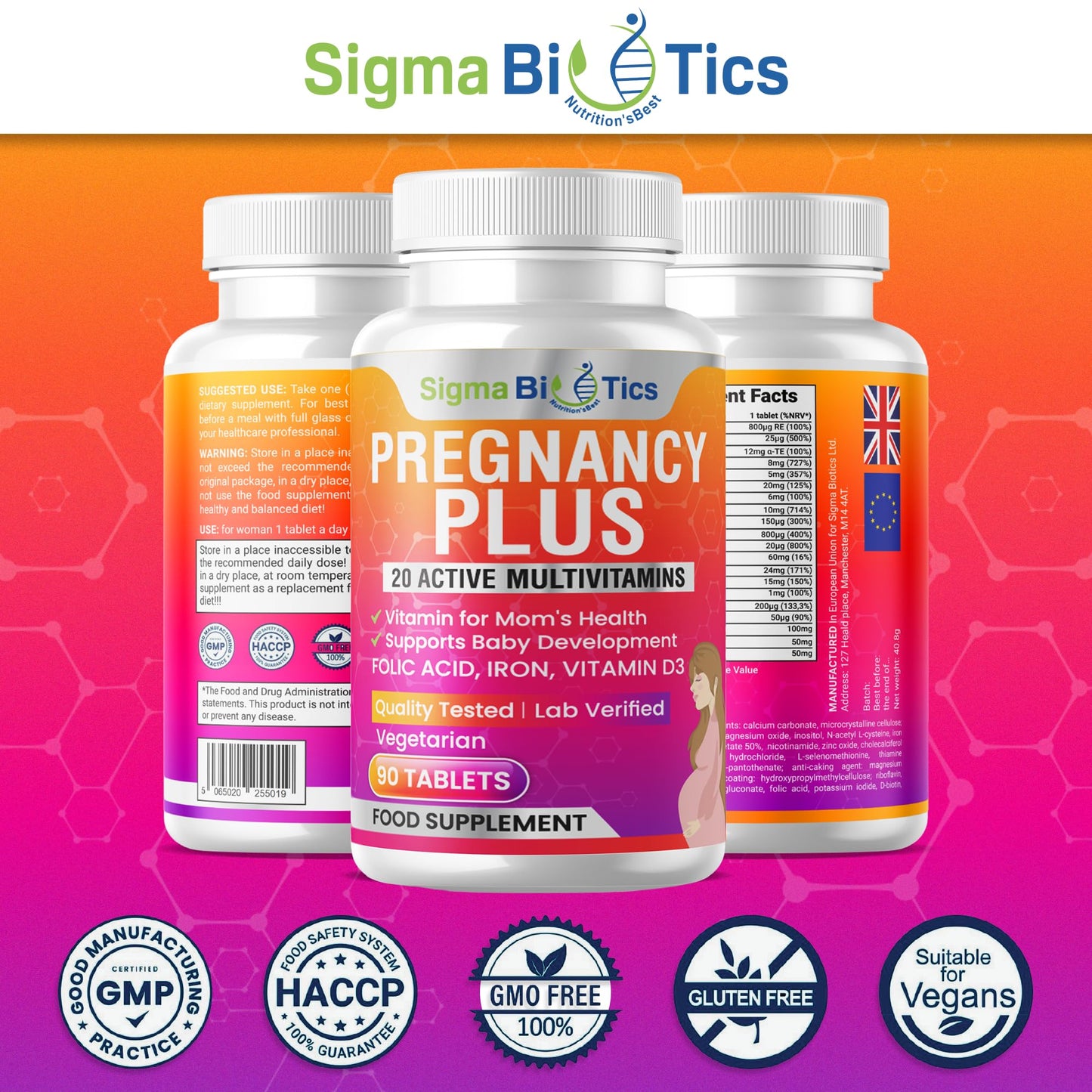 SigmaBiotics Pregnancy Plus Multivitamin for Women – 90 Tablets | Folic Acid, Iron, Vitamin D3, Omega-3 and Probiotic Blend - Prenatal Support Supplement for Mom’s Energy, Immunity, and Baby's Growth