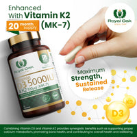 Vitamin D3 5000 IU & Vitamin K2 100mcg (MK-7) x120 Capsules - High Strength Vitamin D & K2 Supplement for Men & Women, Made in the UK by Royal Oak Health