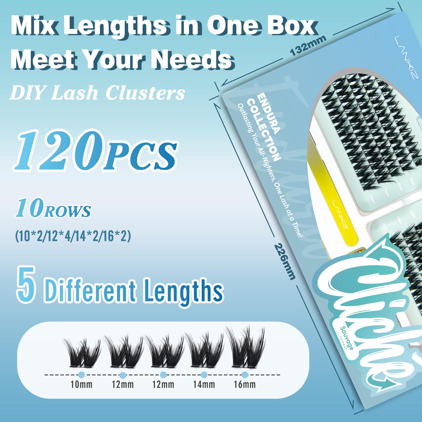 Cluster Lashes Kit - 10-16mm C Curl 120PCS Reusable Individual Eyelashes Kit with Lash Bond Seal Remover Tweezers - LANKIZ Fluffy Wispy Eyelash Clusters Long-Lasting All Day