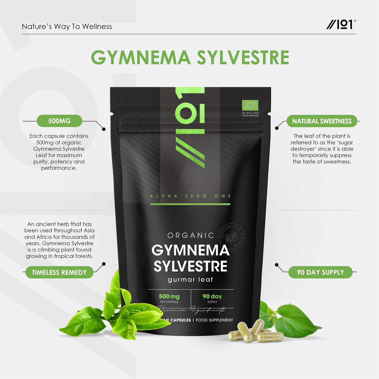 ALPHA01 Organic Gurmar (Gymnema Sylvestre) 500mg - 90 Vegan Capsules (3 Month Supply) – High Strength Gurmar Leaf Supplement – Resealable and Recyclable Pouch by Alpha01