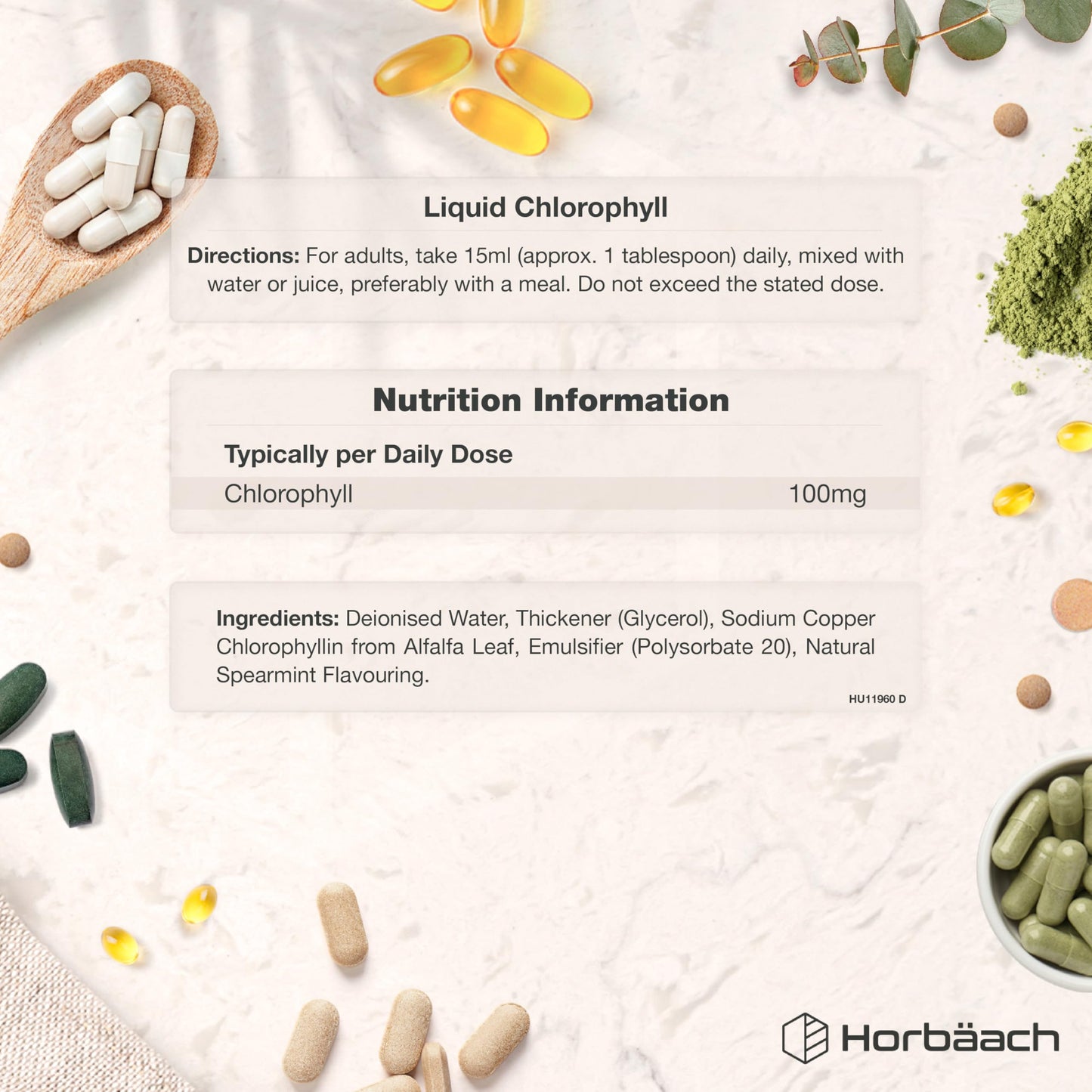 Horbäach Liquid Chlorophyll Drops for Water | 3100mg Per Bottle | 473ml | Vegan Supplement | Mint Flavour | by Horbaach