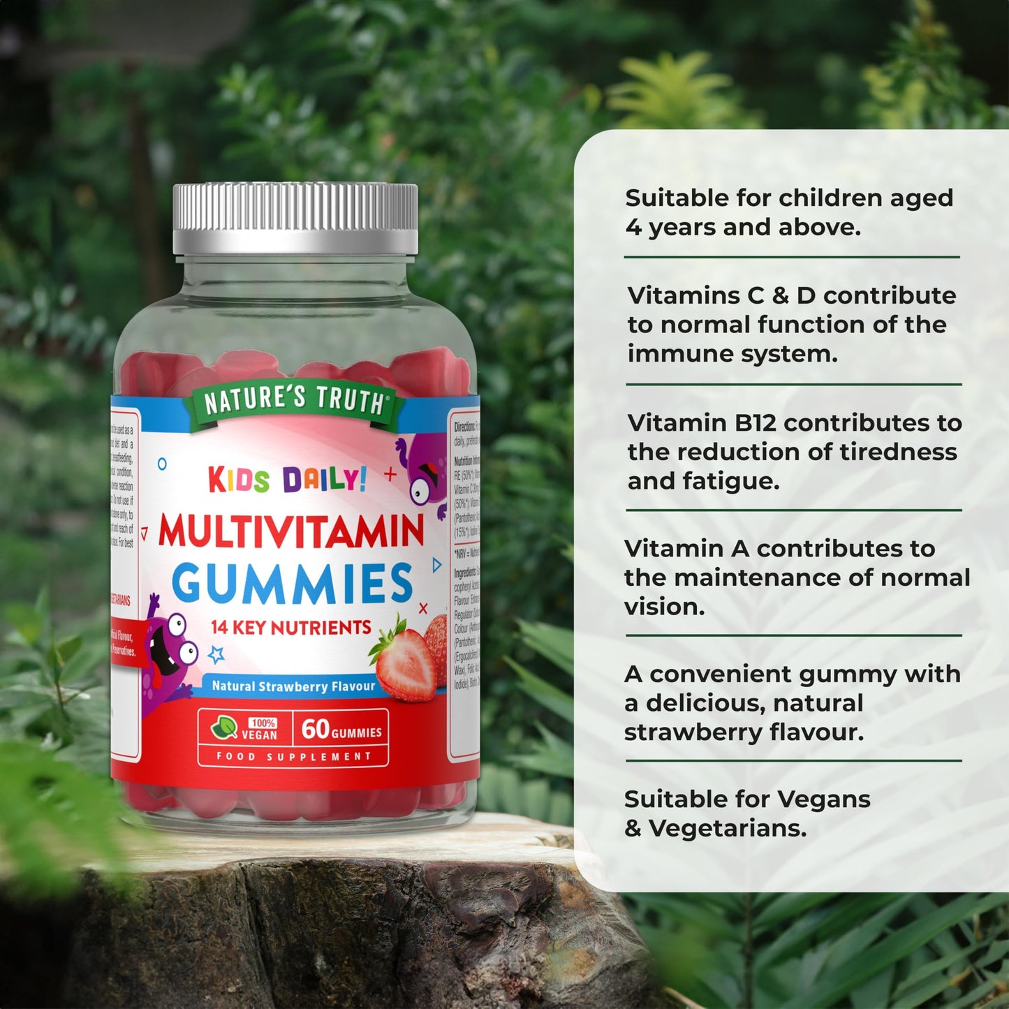 Nature's Truth Multivitamins for Kids - 60 Vegan Gummies - 14 Key Nutrients - One-a-Day Formula - Natural Strawberry Flavour