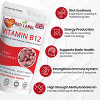 Red Label Health Vitamin B12 Tablets High Strength 1000mcg for Men & Women, Pack of 90 Tablets (3 Months Supply), Methylcobalamin B12 Vitamin for Tiredness and Fatigue, Vegetarian, Vegan