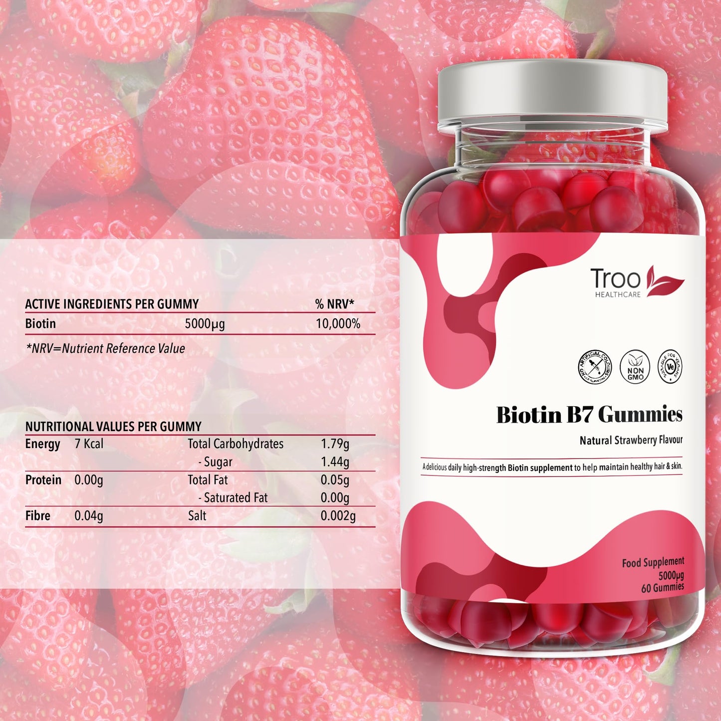 Troo Health Care Biotin 5000mcg Hair, Skin and Nail Growth Support Gummy Supplement - 60 Natural Strawberry Flavour Chewable Gummies - 5 Months Supply – Vegan Friendly – for Men and Women