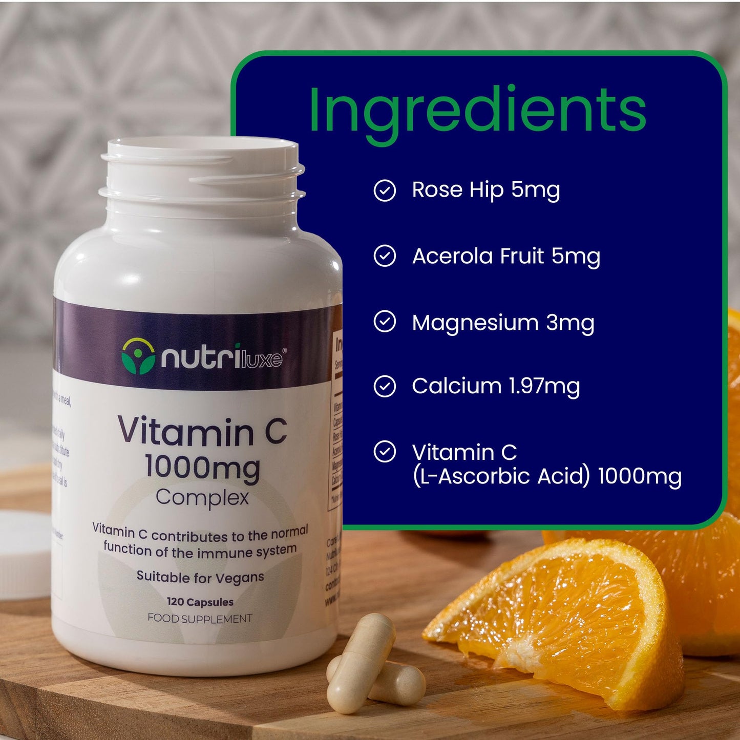 nutriluxe Nutriluxe High Strength Vitamin C 1000mg -120 Capsules - Vitamin C with Acerola Fruit, Rose Hip, Calcium and Magnesium Supplements for Immune System Support Men & Women