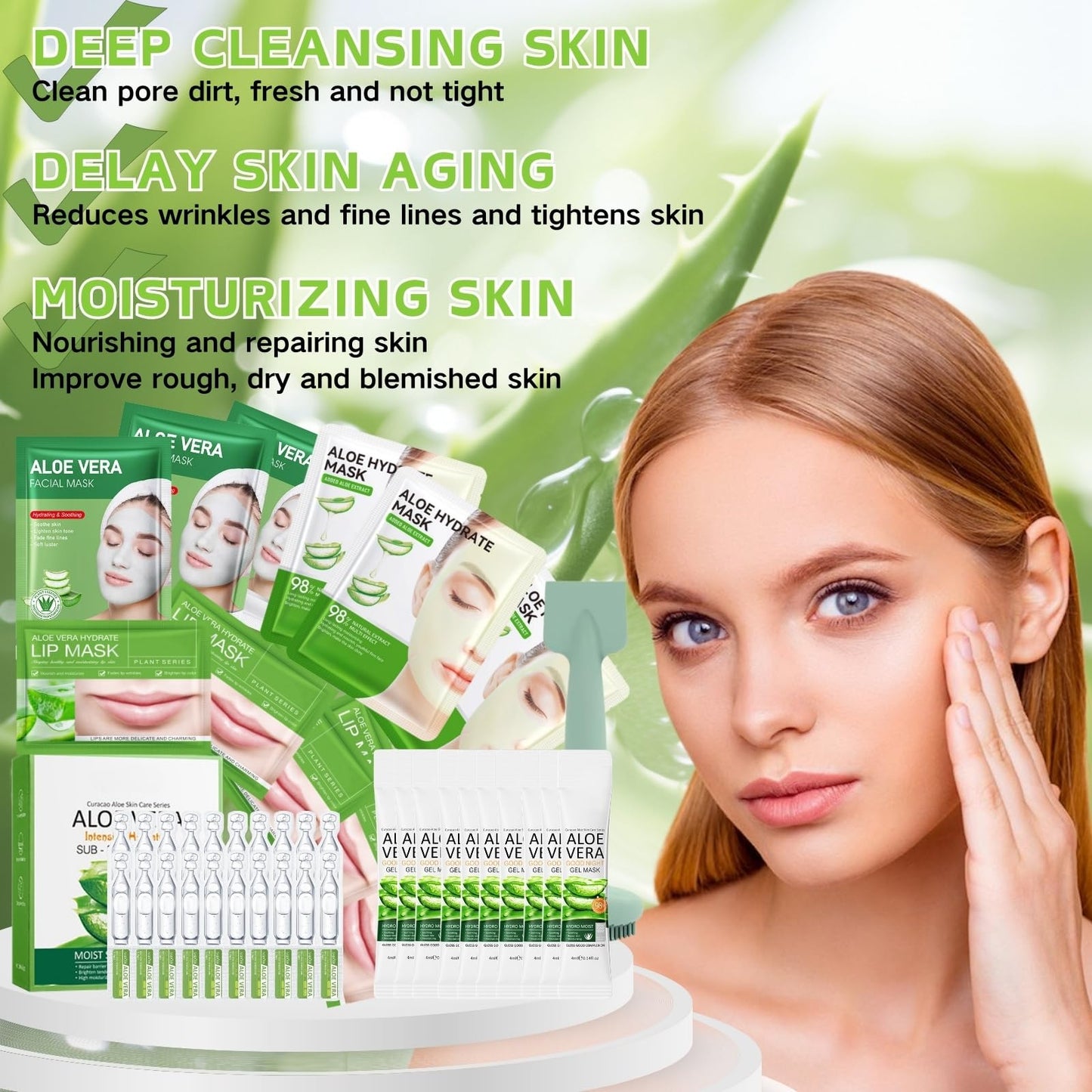 Cureluxe 42PCS Aloe Vera Skincare Gift Set for Women,Aleo Vera Nourishing & Moisturizing Skin Care Sets & Kits Face Serum,Sleep Mask,Clay Mask,Lip Mask,Skin Care Set for Teenage Girls Women