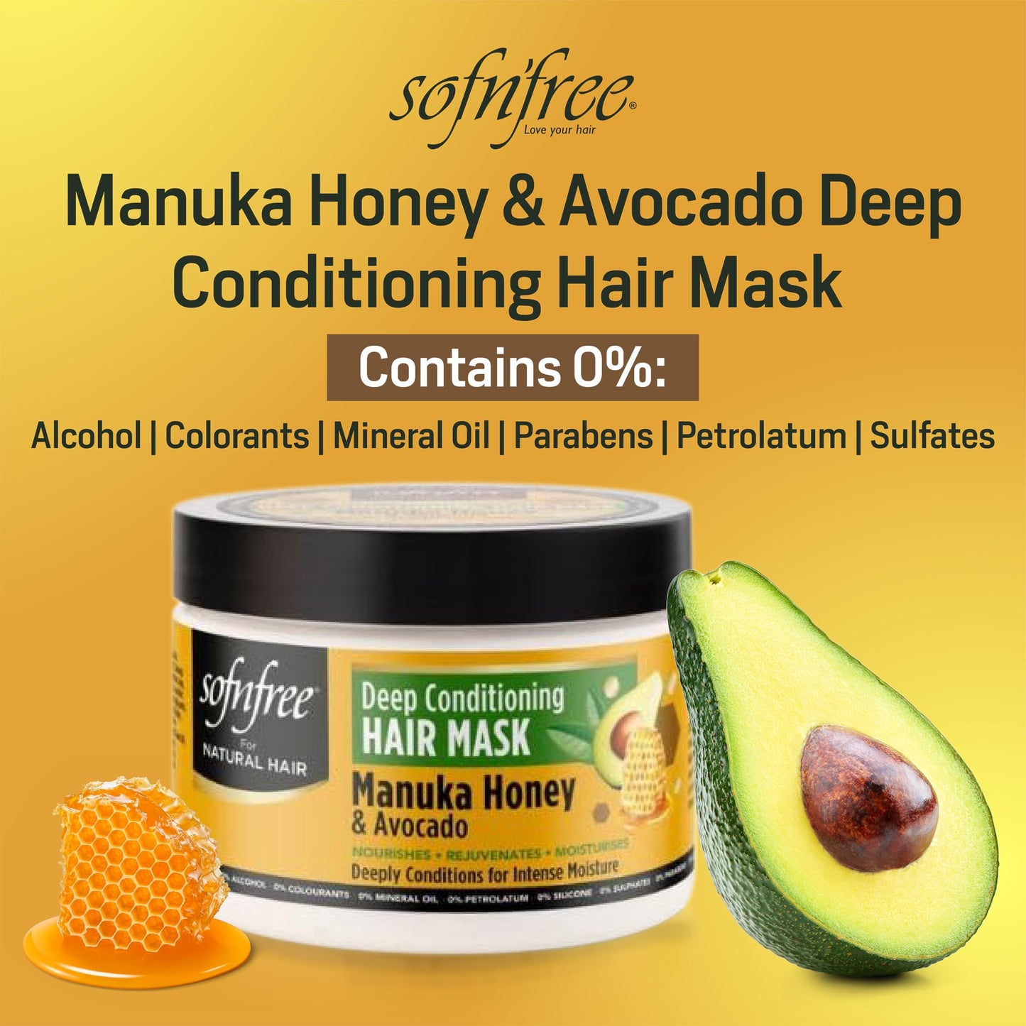 SOF N' FREE Hair Mask for Dry Damaged Hair with Manuka Honey & Avocado Moisture, Frizz Control, Smooth Shine, Sulphate Free, Deep Conditioning Hair Treatment, 325ml Sourced by Bronx International Ltd