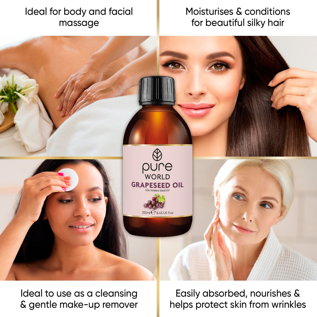 Pure World Natural Grapeseed Oil 100% Pure and Undiluted. 250ml. Premium Italian Quality Grapeseed oil – Aromatherapy, Massage, Skin, Nails, Body and Face, Edible Vegan
