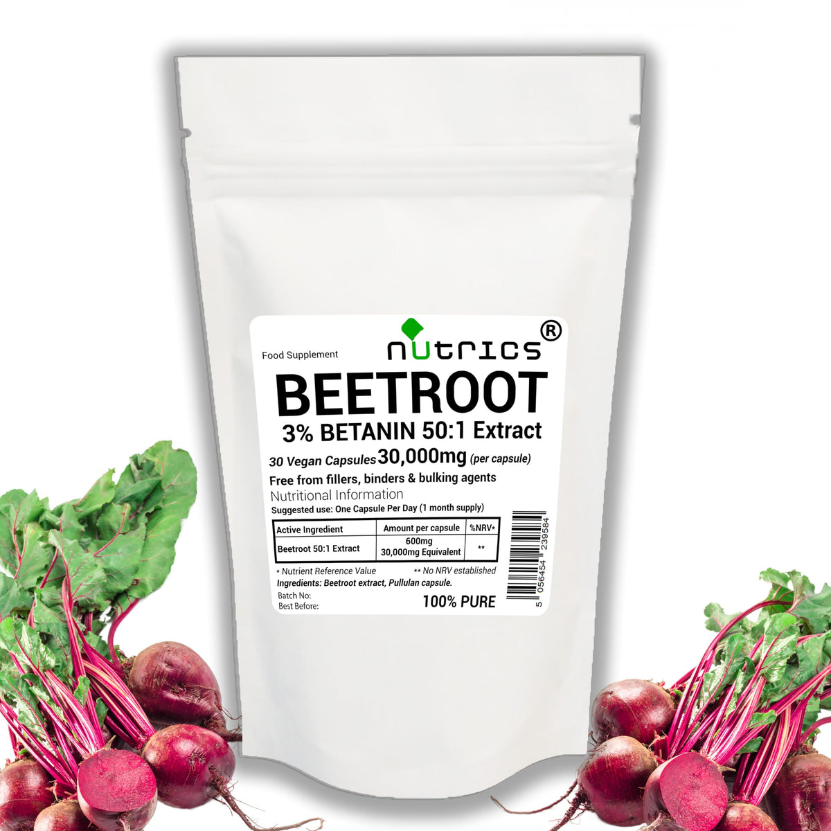 Nutrics® 30,000mg (per Capsule) 3% BETANIN Beetroot Extract 30 V Capsules (1 Month Supply) - Beta Vulgaris - Free from fillers Binders & Bulking Agents Nitric Oxide