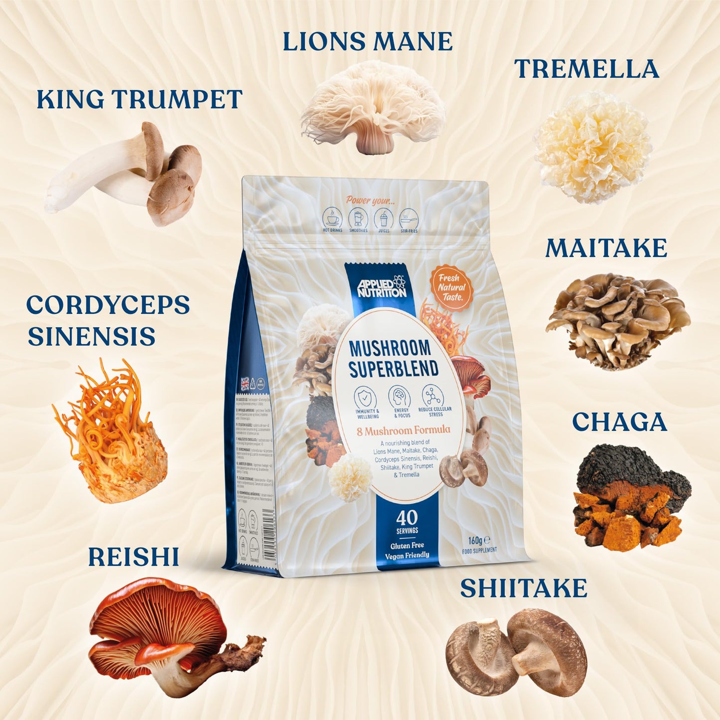 Applied Nutrition Mushroom Superblend - Lions Mane, Reishi, Chaga, Shiitake, Maitake, Tremella, Cordyceps Sinensis, King Trumpet | Vegan & Gluten Free (160g – 40 Servings)
