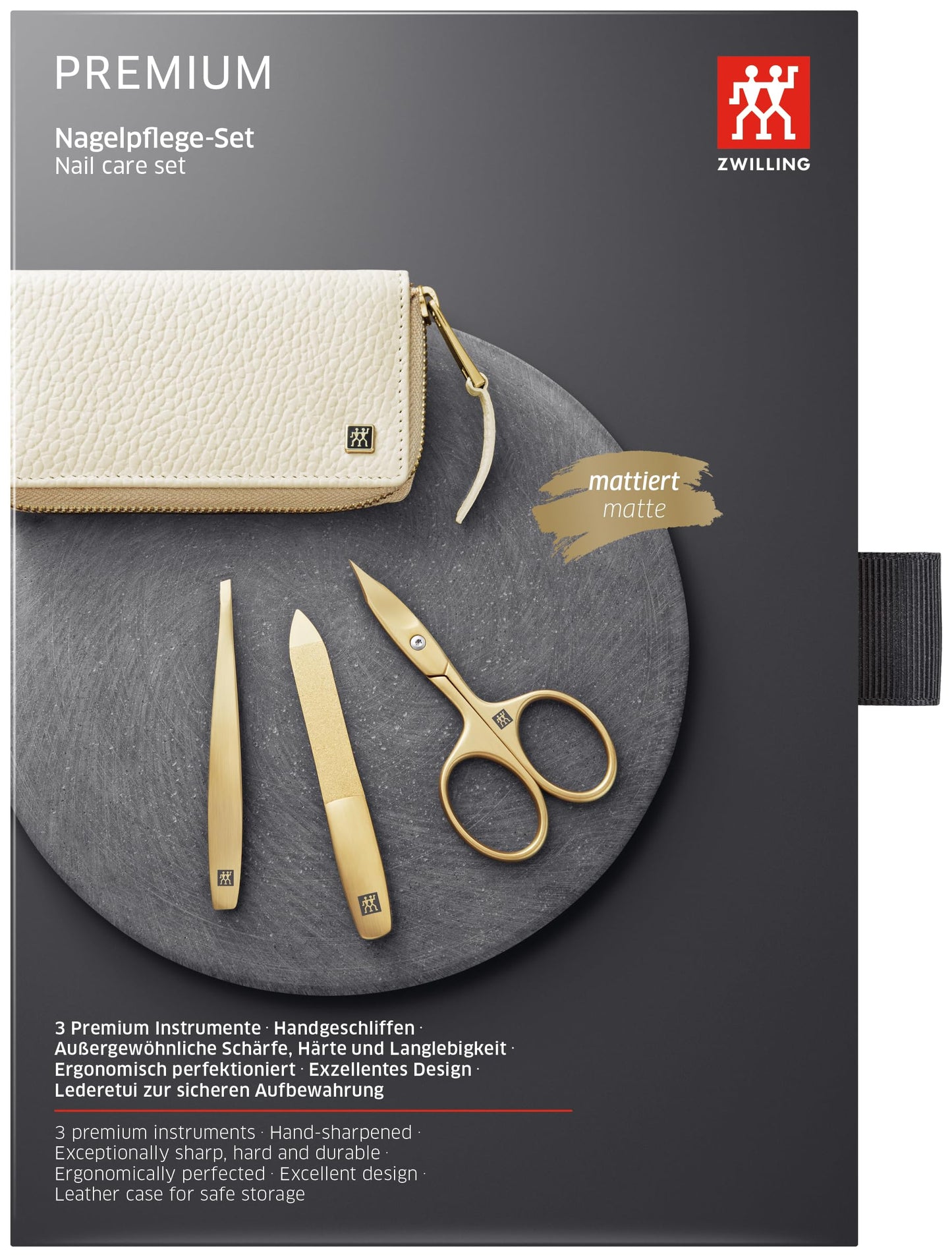 Zwilling ZWILLING Manicure and Pedicure Set Cowhide Leather Case 3 Pieces with Nail Scissors Premium Gold Edition Black