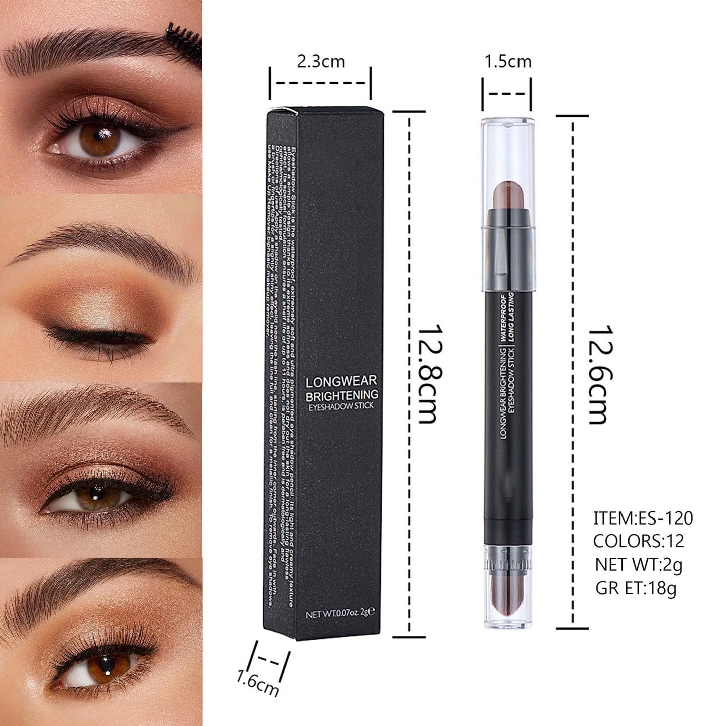 HAORQEE Eyeshadow Stick, Glitter Gold Eye Shadow Pen Cream Metallic Shimmer Dual-Ended Eyeshadows Pencil Crayon Brighten Waterproof Long Lasting High Pigmented with Brush Eye Makeup for Women