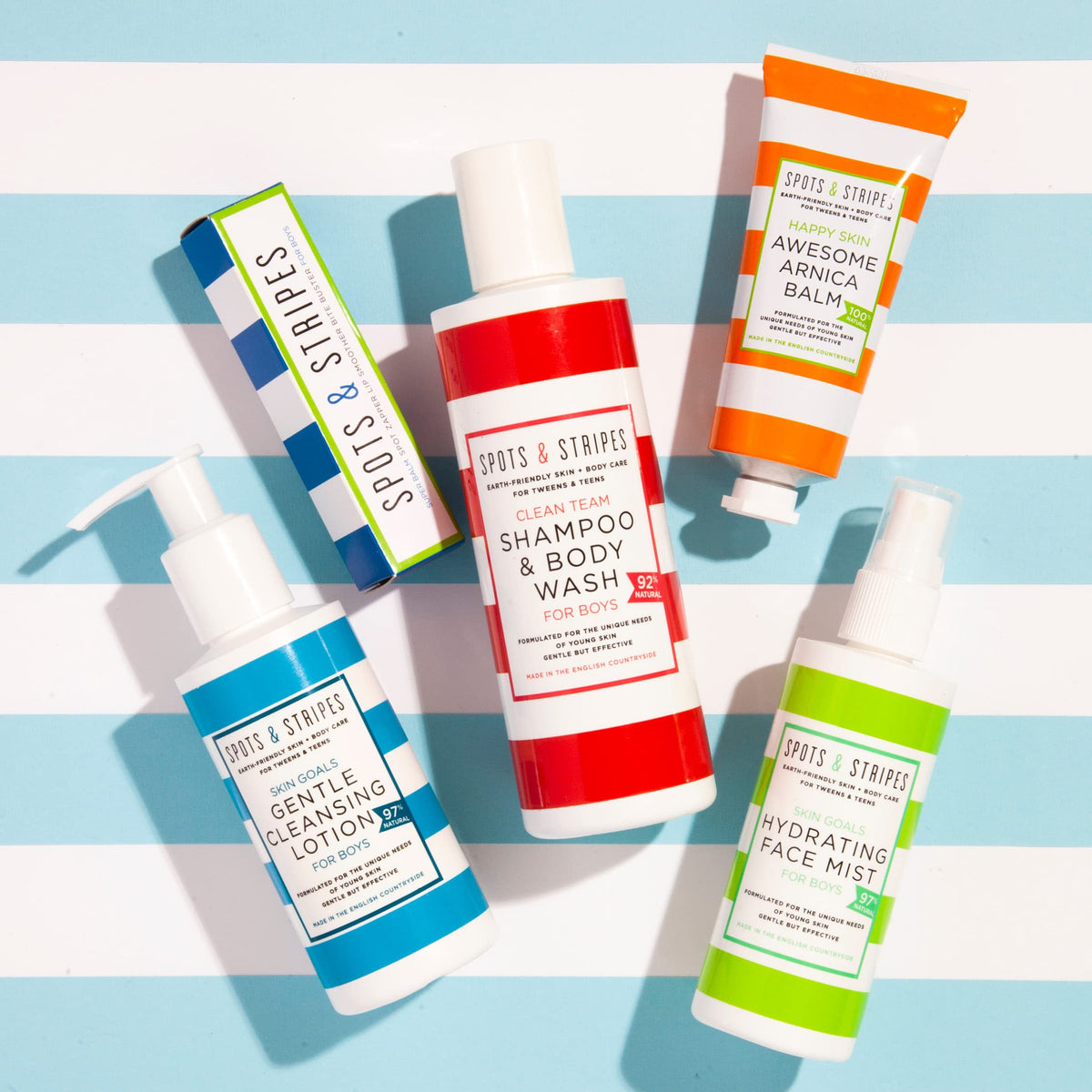 Spots & Stripes - Teen Skincare Essentials for Boys, Effective and Natural Essentials for Teen and Young Skin, with Virgin Coconut, Niaouli and Aloe Vera, Super Gentle, Combats Blemishes