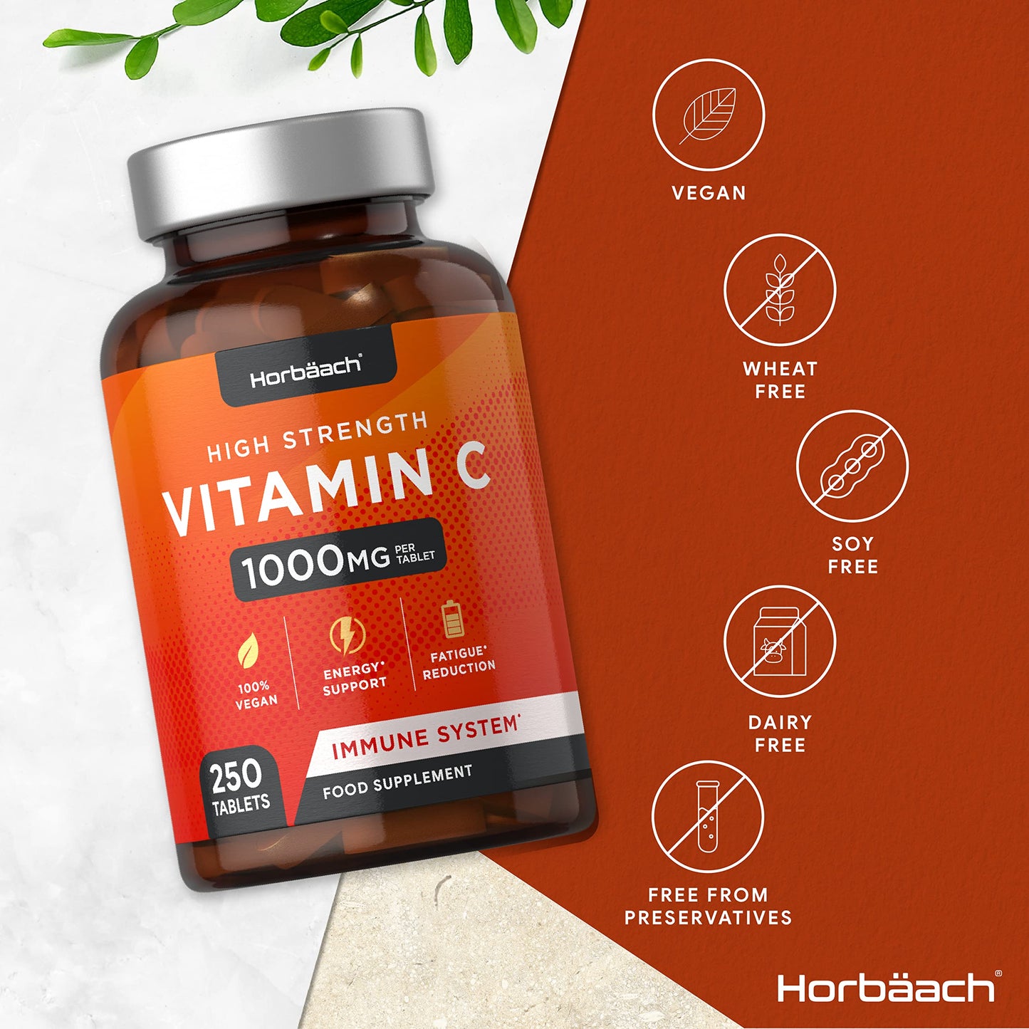 Vitamin C Tablets | 250 Count | 1000mg per Tablet | High Strength Immune and Energy Support | Vegan | by Horbaach