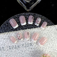 JUSTOTRY 24 Pcs White French Short False Nails,Pink Square Press on Nails with Flower and Leaf Pattern,Glossy Fake Nails Medium for Nails Art,Squoval Stick on Nail for Women Gifts
