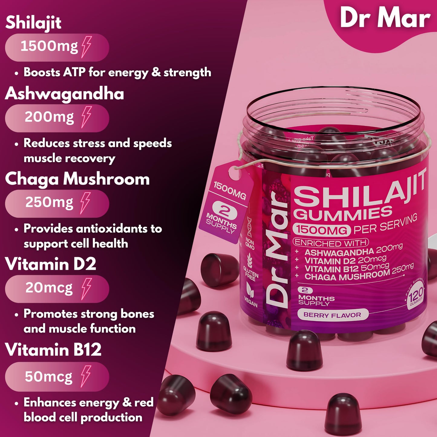 Dr Mar Premium Shilajit Gummies MAX 1500mg - 120 Gummies - 200mg Ashwagandha + 250mg Chaga Mushroom + 20mcg D2 + 50mcg B12 (2 Months Supply)