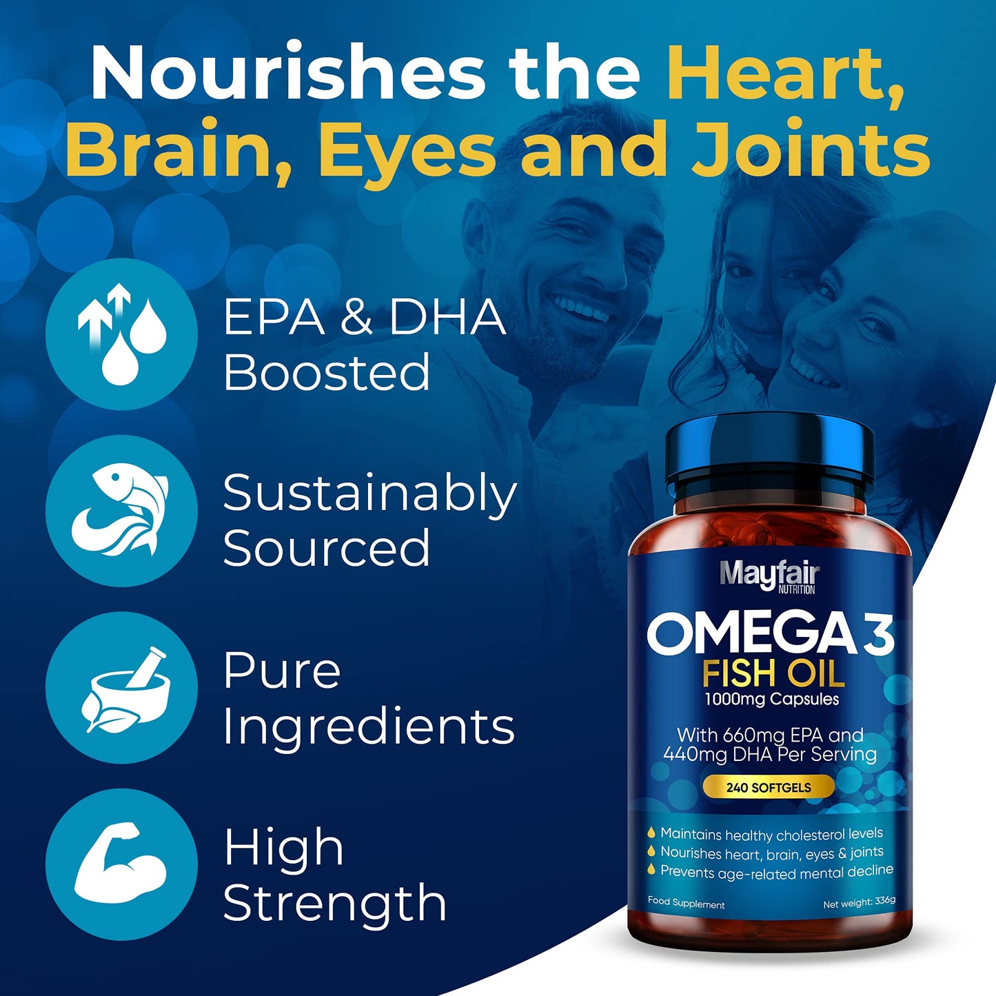 Mayfair Nutrition Omega 3 1000mg Capsules - 240 Fish Oil Tablets with 660mg EPA & 440mg DHA per Daily Serving - Supports Heart, Vision, & Brain Health - 4 Months Supply - Made in UK…