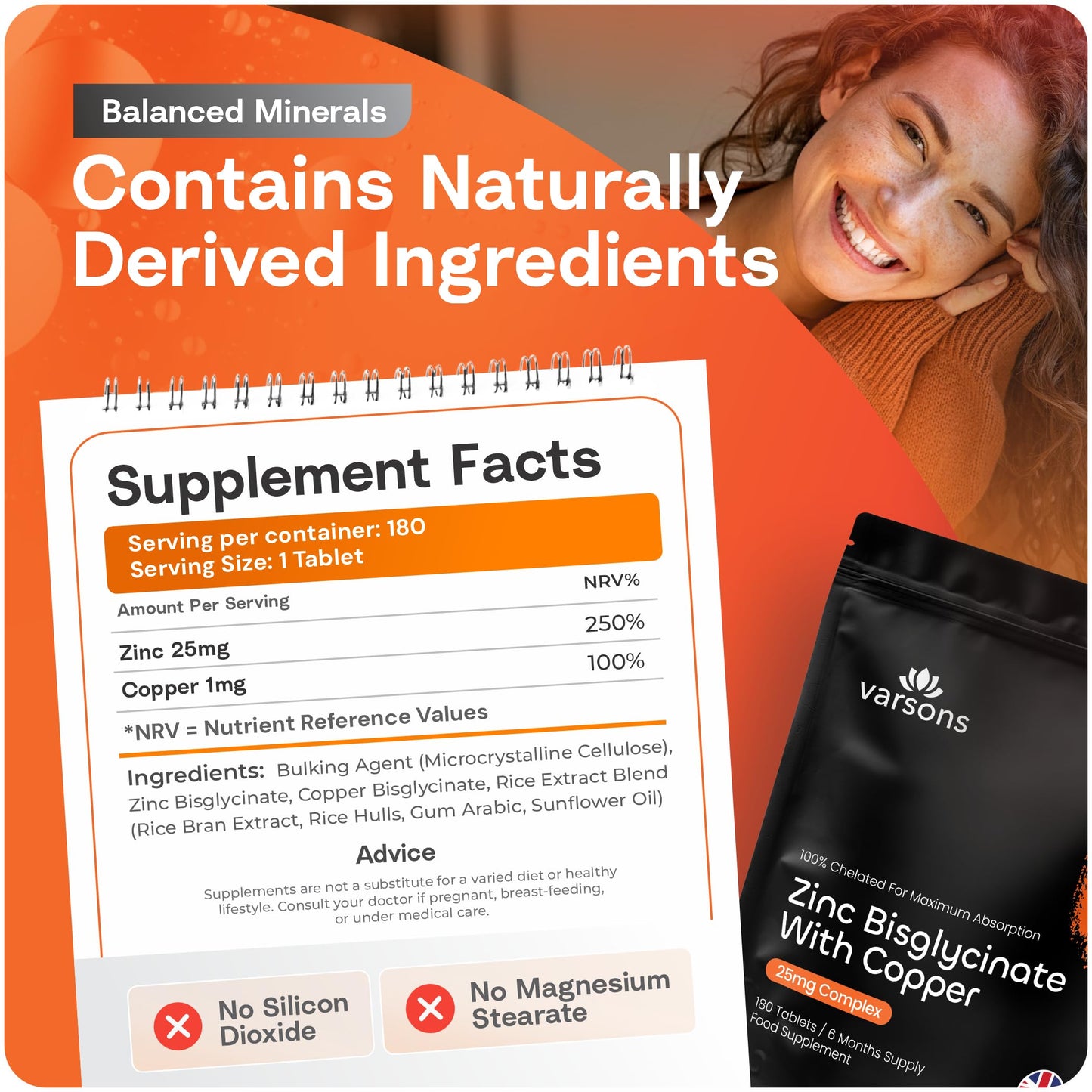 varsons Zinc Bisglycinate 25mg with Copper - Chelated High Absorption Zinc Supplements for Immunity, Skin, Bones & Hair - 6 Month Supply, Vegan-Friendly & Magnesium Stearate-Free