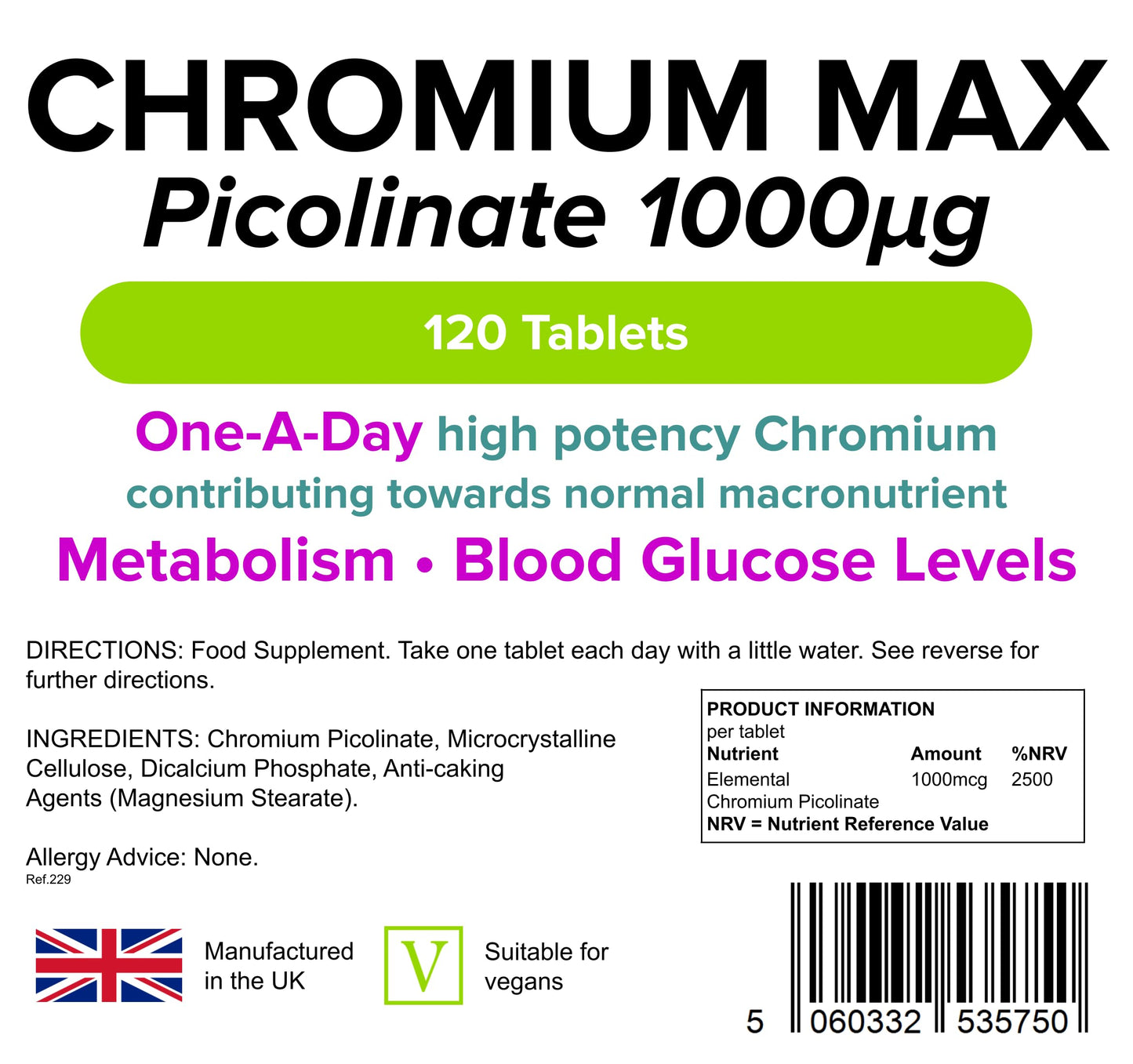 Lindens Chromium Max 1000mcg Picolinate - 120 Tablets | Detox, Metabolism, Blood Glucose, | Mega Potency (2500% NRV) | 4 Months Supply, UK Manufacturer, Letterbox Friendly, Vegan