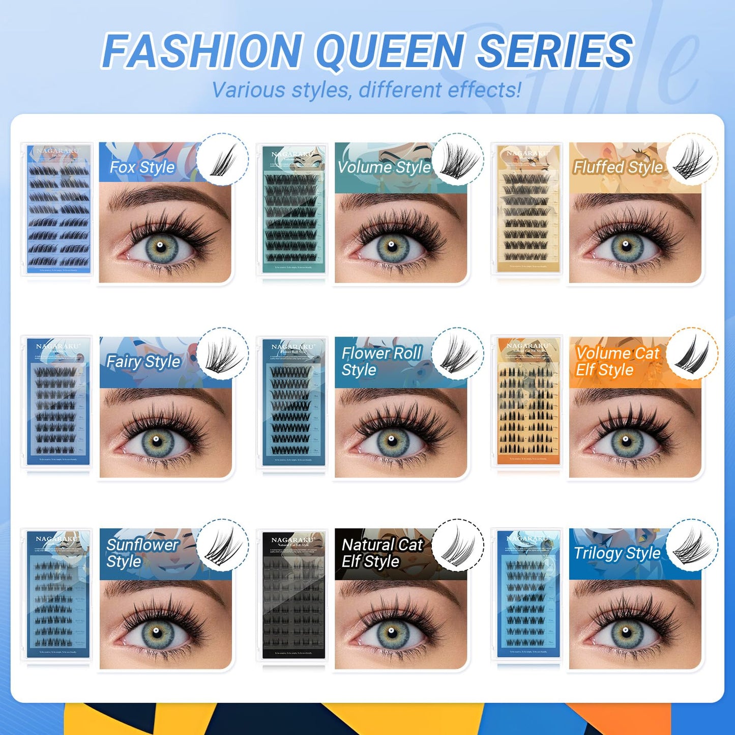 NAGARAKU Pre Glued Cluster Lashes 96 Pcs No Glue Needed Press-on Pre-bond Eyelashes Reusable Self Adhesive DIY Lashes Fox Style (SA-10,0.07mm C Curl 10-14mm)