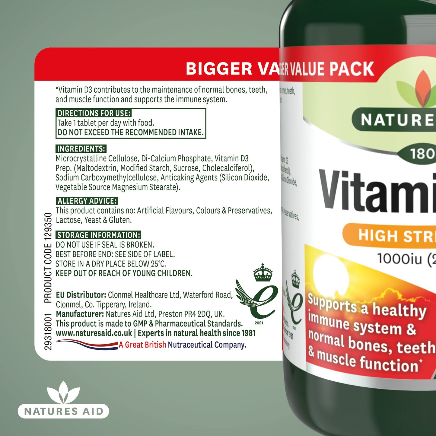 Natures Aid Vitamin D3 1000iu – High Strength Supplement for Bone, Muscle & Immune Support – Vegan, Non-GMO, Gluten-Free – Essential Nutrient – 180 Tablets