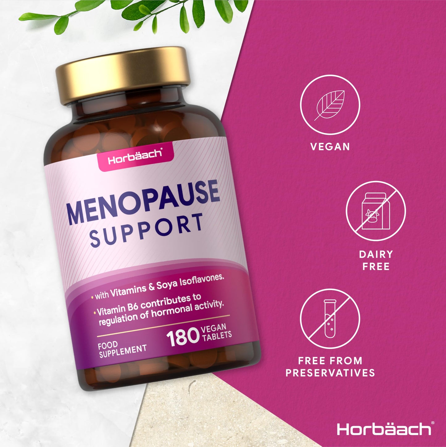 Menopause Supplement Tablets for Women | Perimenopause, Menopause & Postmenopause Support with SOYA Isoflavones & Vitamin B6 | 180 Vegan Tablets | by Horbaach