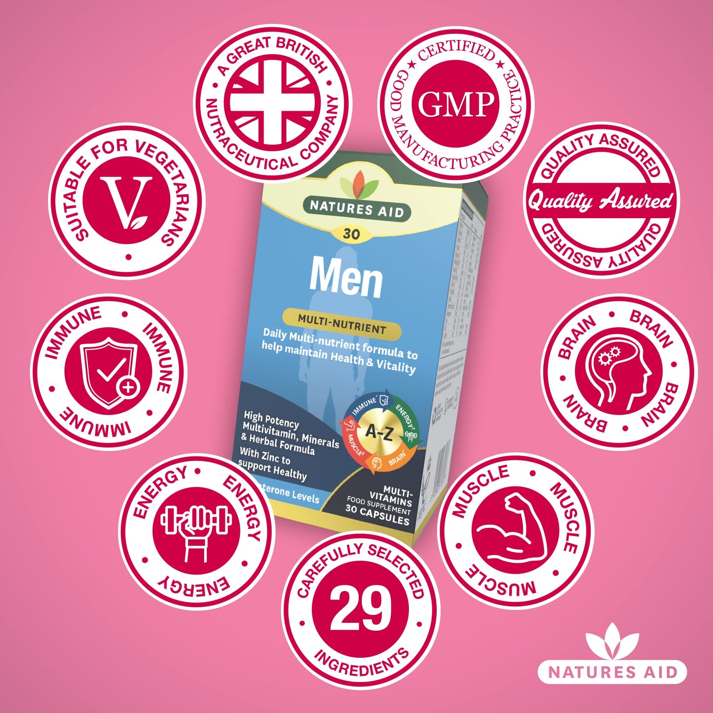 Natures Aid Men's Multi-Vitamins and Minerals Capsules (29 Essential Vitamins and Minerals + Superfood Complex, 30 Capsules, Suitable for Vegetarians, Made in the UK)