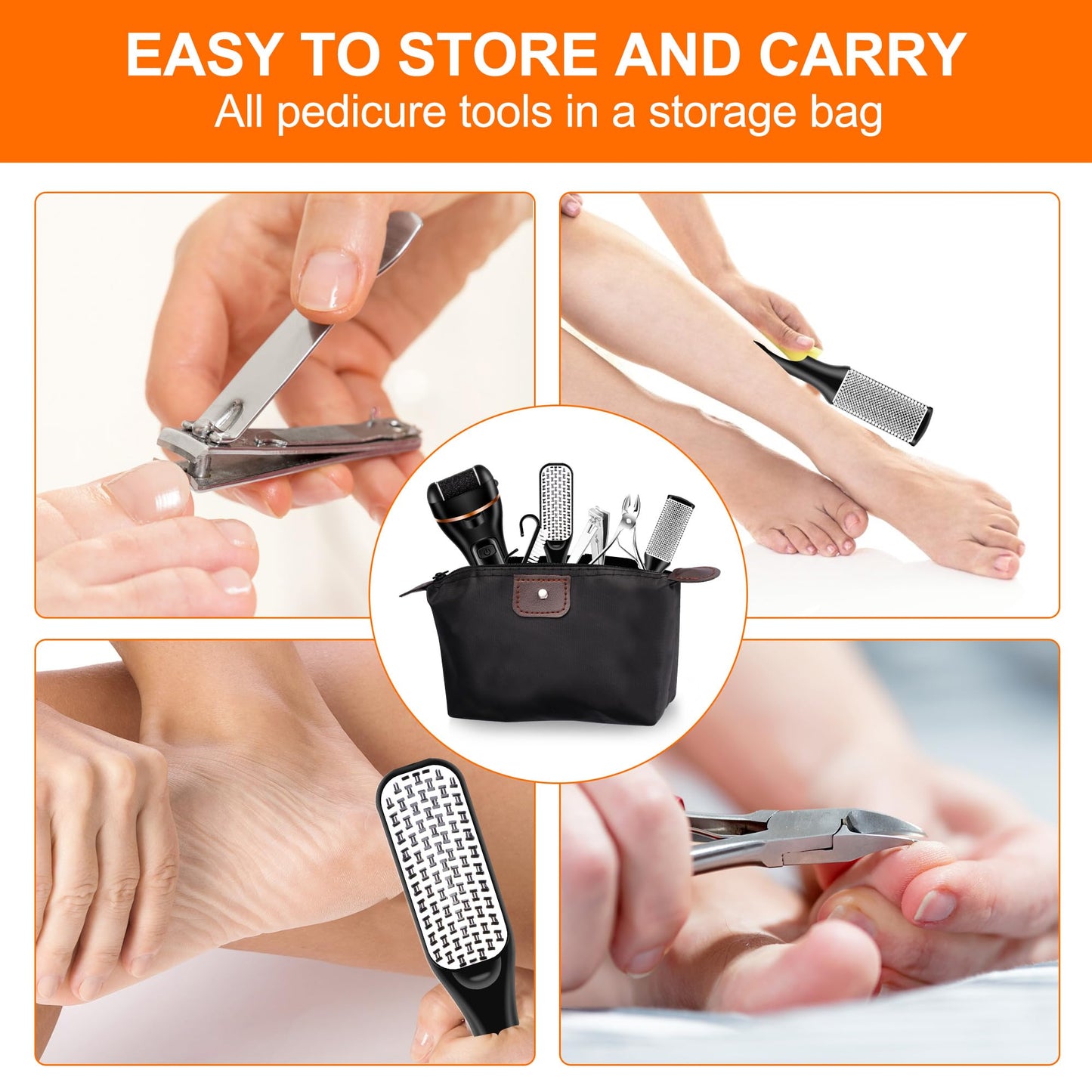 Electric Foot File, Ratukall Hard Skin Remover, Rechargeable Waterproof Callus Remover Pad Feet Care Kit, Professional Pedicure Tools Set with Storage Bag for Dry Dead Skin Cracked Heels Calluses