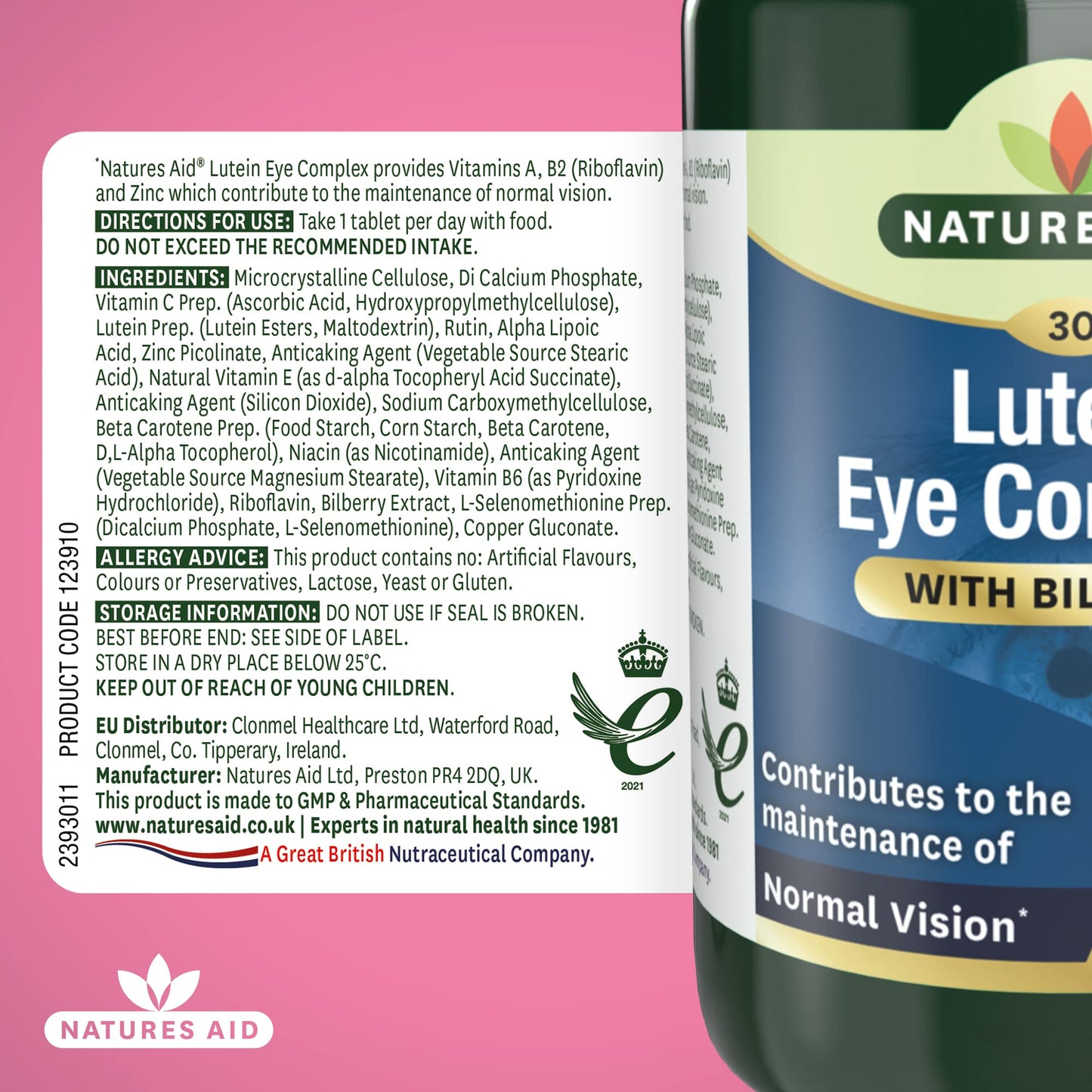 Natures Aid Lutein Eye Complex – High Strength Vision Support with Bilberry, Zinc & Vitamins C, E – Antioxidant Eye Health Supplement – Vegan, No Artificial Additives – 30 Tablets