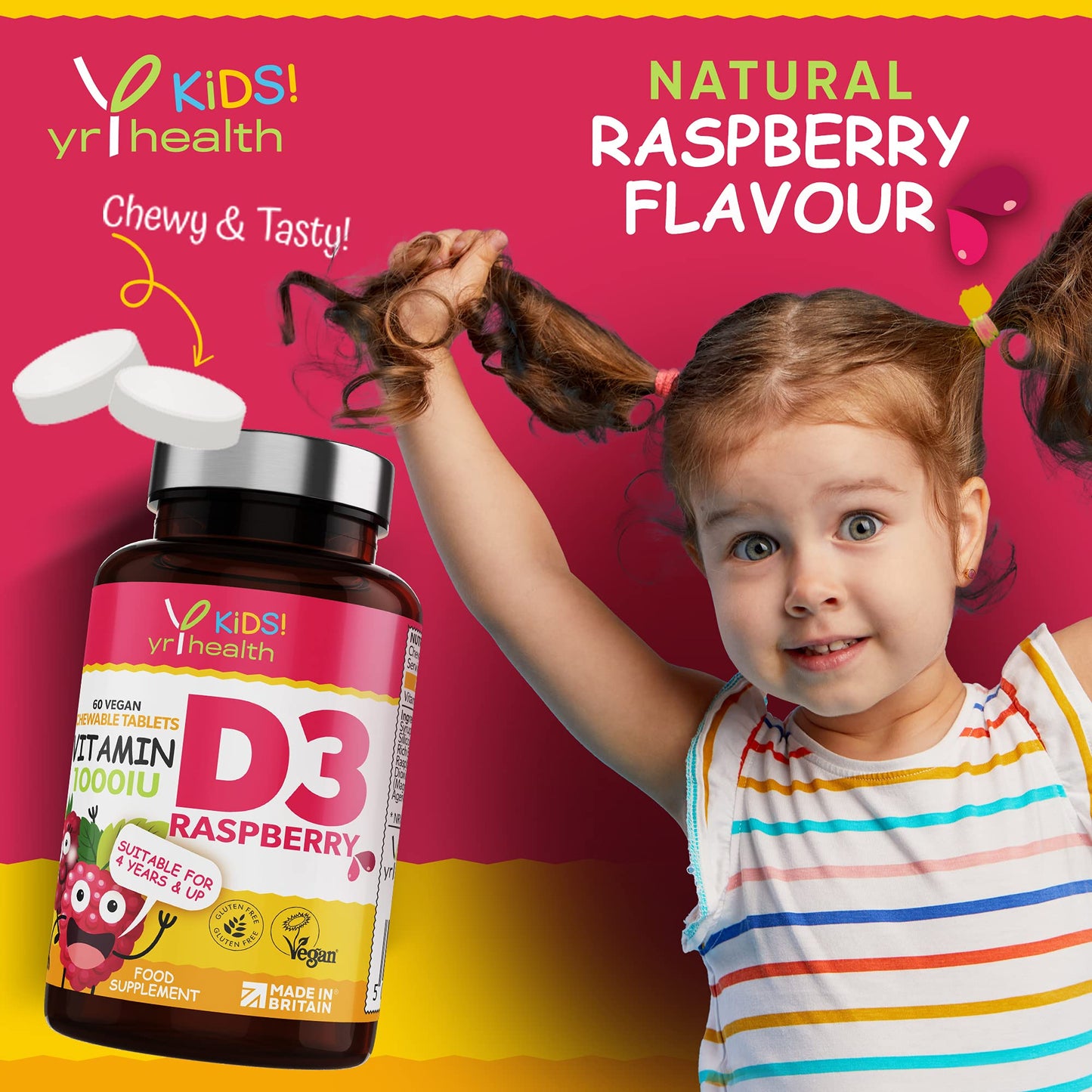 yrhealth Kids Vitamin D3 1000 iu High Strength - Chewable Raspberry Flavour Vitamin D for Kids 4-12 Years, Vegan Society Registered Tablets not Gummies - 2 Months Supply - Made in The UK by YrHealth