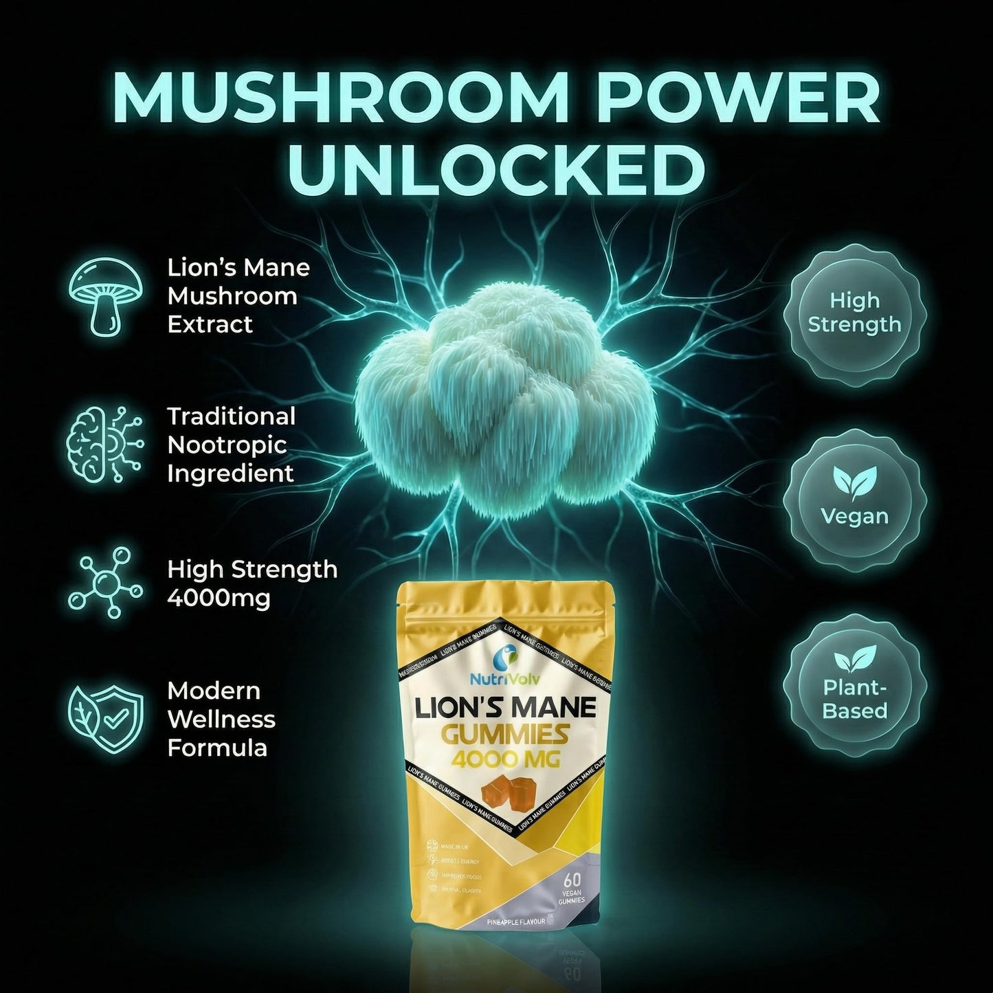 Lions Mane Gummies 4000mg | Super Strength Lion's Mane Supplement | 1 Month Supply | Mushroom Extract | Pineapple Flavour | 60 Vegan Gummies | Sugar Free | Focus, Mental Performance | by NutriVolv