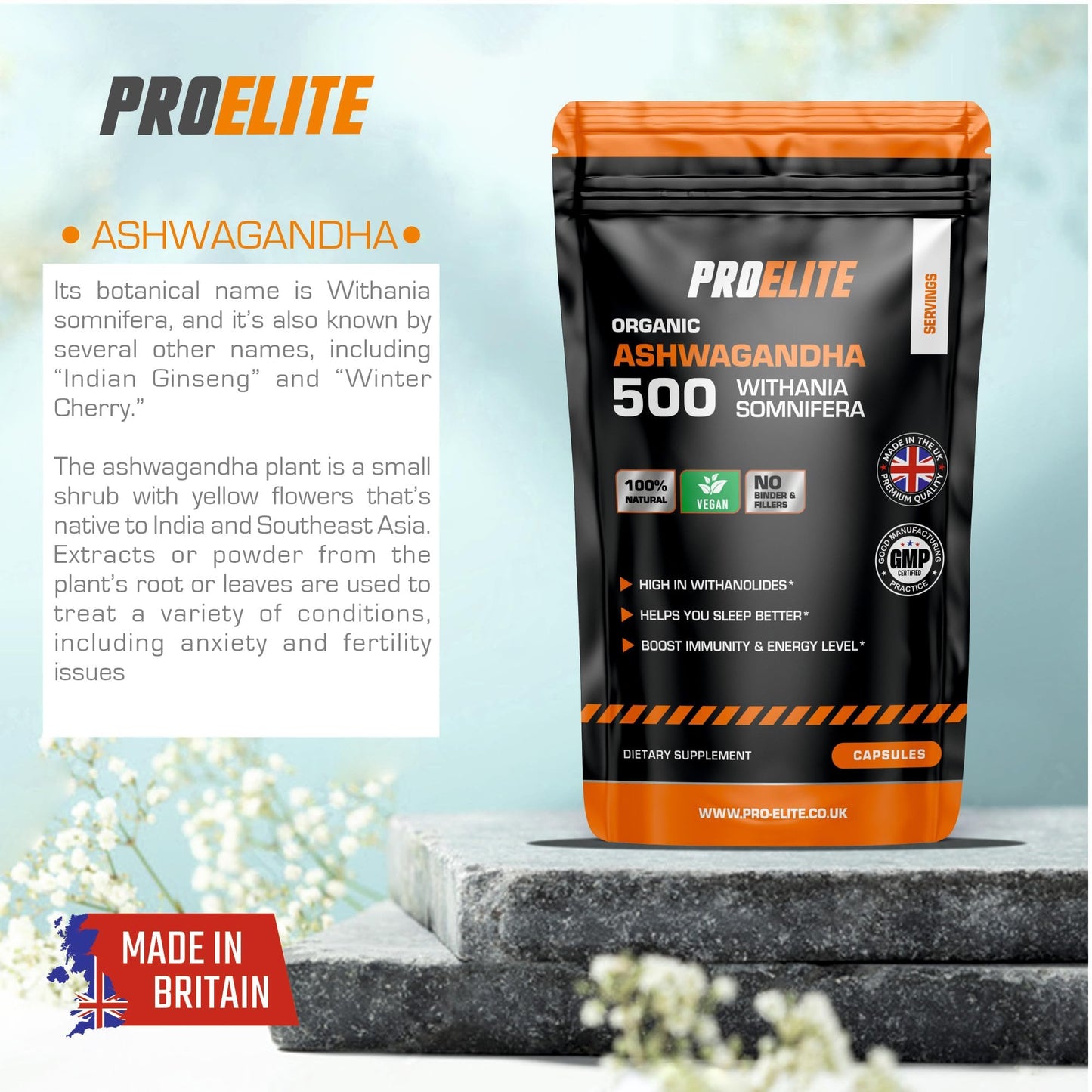 PROELITE Ashwagandha 180 Capsules Vegan Ashwagandha Root Powder Capsule 10% Withanolides 500mg High Strength 10,000mg Extract 20:1 | Stress Relief, Energy, Strength & Endurance by PRO-Elite