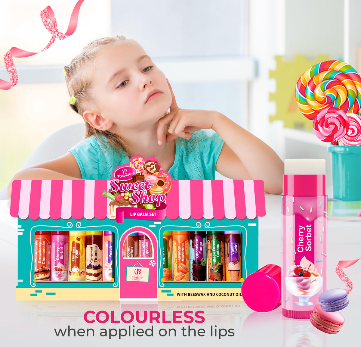 Beauty4Britain Kids Lip Balm Set Sweet Shop - 12 Different Dessert Flavours, Beeswax & Coconut Oil, Colourless, for Girls and Boys