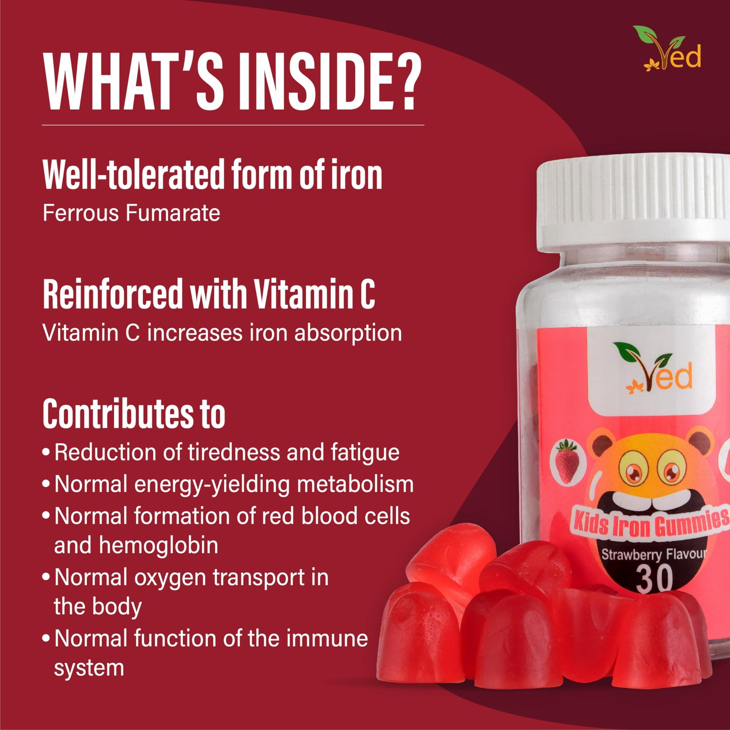 VED Iron Gummies Kids,15 Day Supply, Natural Strawberry Flavour, 30 Chewable Vegan Gummies, Vegetarian Friendly, Energy & Immune System, Kids Iron Gummies, GMO & Gluten Free.