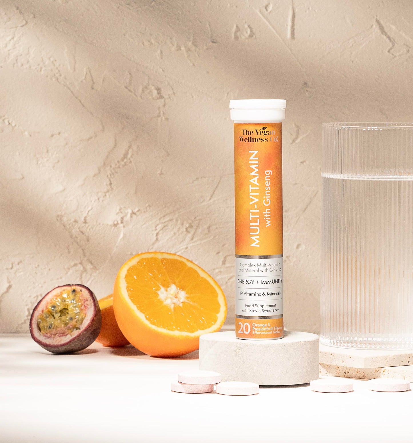 The Vegan Wellness Co. Multivitamin with Ginseng, 19 Nutrients for Energy + Immunity, 40 Effervescent Tablets - Orange and Passionfruit Flavour