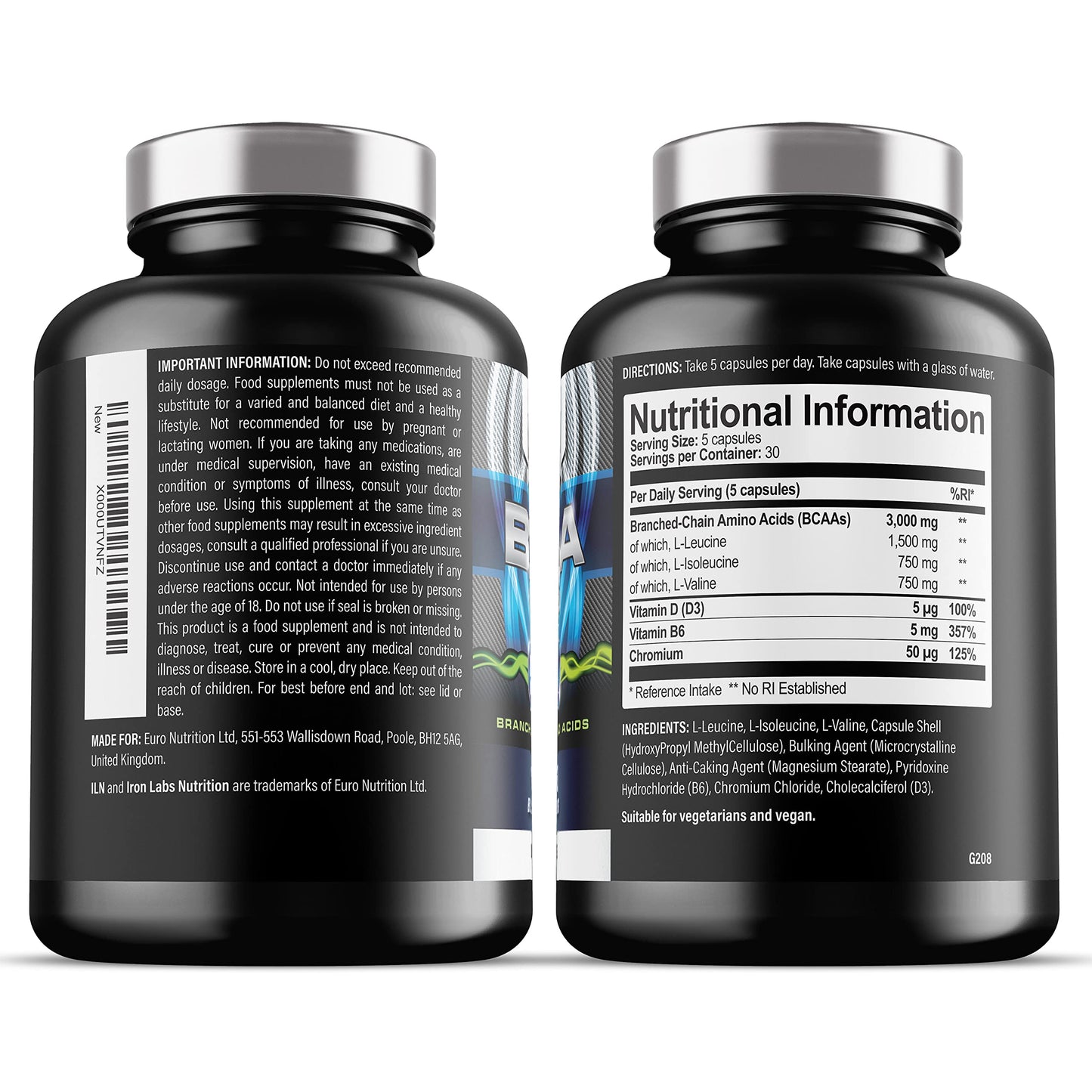 Iron Labs Nutrition BCAA 3000mg - 2:1:1 BCAA Capsules - BCAAs (300 Capsules) - 3000mg BCAAs per Serving - BCAA Amino Acids - 60 Servings - Suitable for Vegans & Vegetarians
